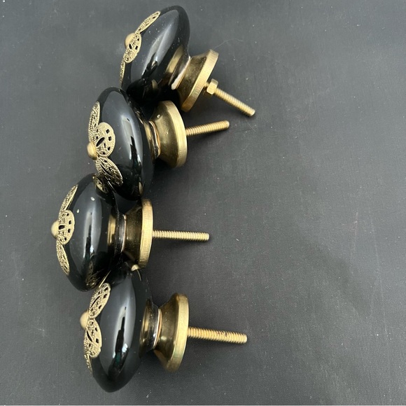CASA DECOR BLACK DRAWER PULLS/KNOBS W GOLD  FILIGREE x4 - Picture 4 of 6
